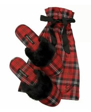 Victoria Secret Slippers Women  s Small 5-6 Red Plaid Satin Faux Fur With Bag