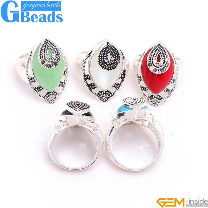 Anillo de marcasita de plata tibetana cuentas de piedra marquesa joyería 18x30 mm envío gratuito Foto 2 de 4