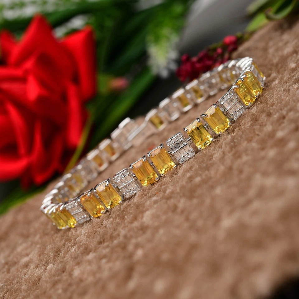 18.10 TCW Real H/SI Diamond Yellow Sapphire 14k White Solid Gold Charm Bracelet Foto 3 de 4