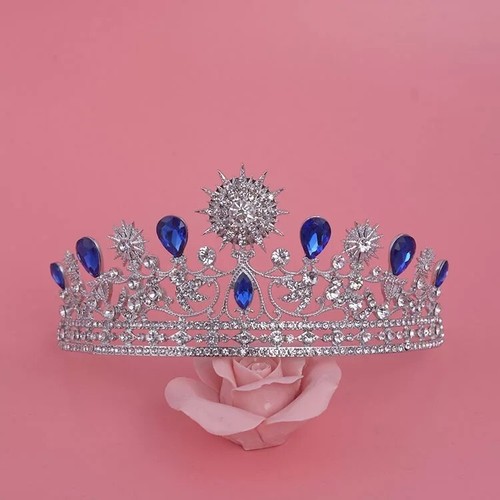 Silver Sapphire Blue Tiara Crown Headdress half royal wedding princess birthday - Picture 2 of 6