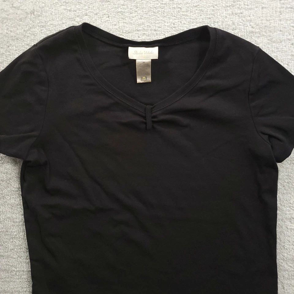 Studio Works V-Neck T-Shirt Women's Medium Black Short Sleeve Basic 100% Cotton - Image 3 of 4