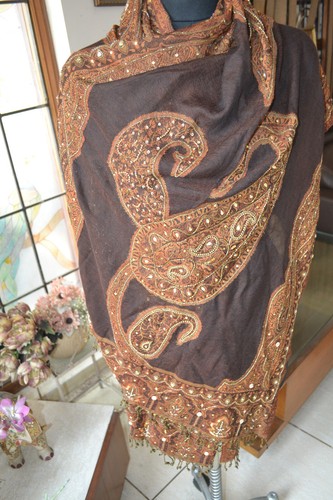 Bufanda de lentejuelas con estola de jamavar con cuentas a mano 100 % cachemir pashmina chal de diseñador - Imagen 39 de 56