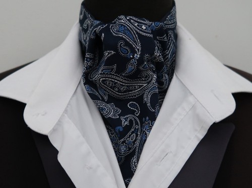 Mens Navy Blue and White Paisley Cotton Ascot Cravat / Pocket square - Picture 2 of 6