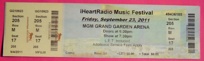 IHEART RADIO MUSIC FESTIVAL ORIG CONCERT USED TICKET, MGM GRAND VEGAS 9/23/2011