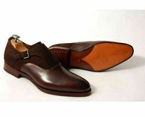 New Handmade Men brown suede & leather formal monk smart dress shoes casual - Picture 1 of 3