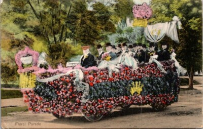 Vintage Postcard Large Group of Men Riding in a Floral Parade Float        15252