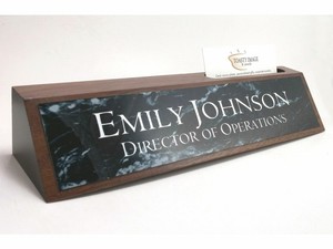 Desk Name Plate With Business Card Holder Walnut Wood Black Marble