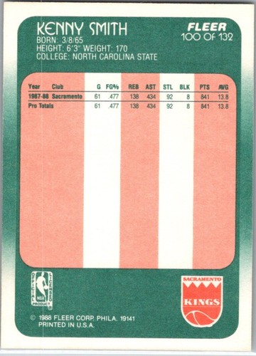 1988-89 Fleer - Kenny Smith #100 (RC) North Carolina Tar Heels Sacramento Kings - Picture 2 of 2