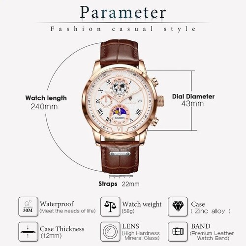 New Men Watches Luxury Quartz Watch Premium Leather Waterproof Sport Chronograph - Picture 7 of 15