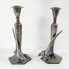 Antique Pair of Weidlich Bros Figural Pheasant Bird Silverplate Candlesticks Rus