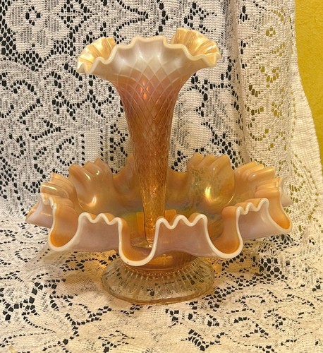 "FISHNET" SINGLE LILY EPERGNE PEACH OPALESCENT CARNIVAL GLASS BY DUGAN GLASS CO. - Picture 4 of 7