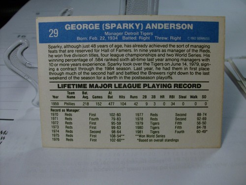 1982 Donruss Baseball #29 - Sparky Anderson MGR - Detroit Tigers 82-163 - Picture 2 of 2