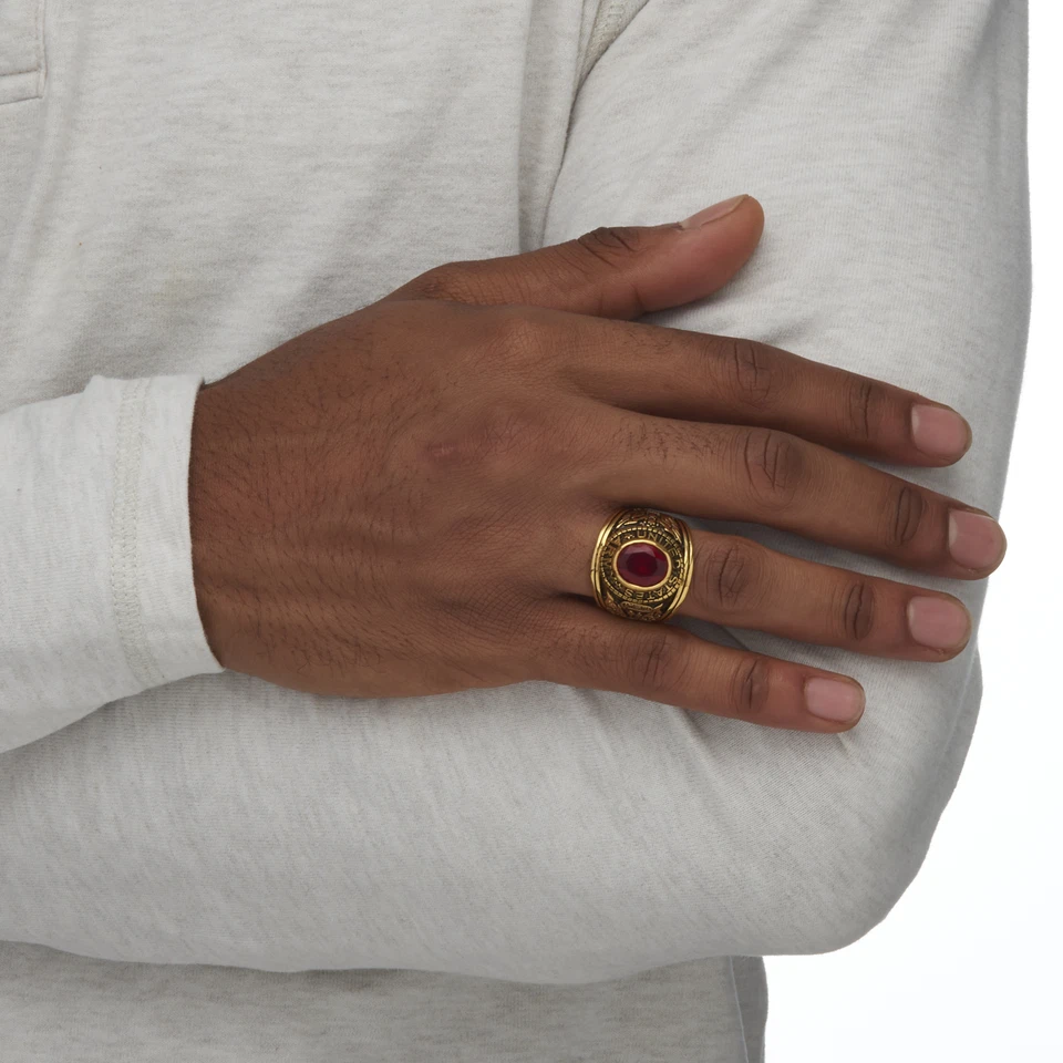 Men's 6 TCW Oval-Cut Simulated Red Ruby Yellow Gold-Plated Army Ring - Image 4 of 4