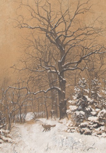 Albert Kurz Wald Winterlandschaft Fuchs signiert Pastell Zeichnung Ende 19.Jh.