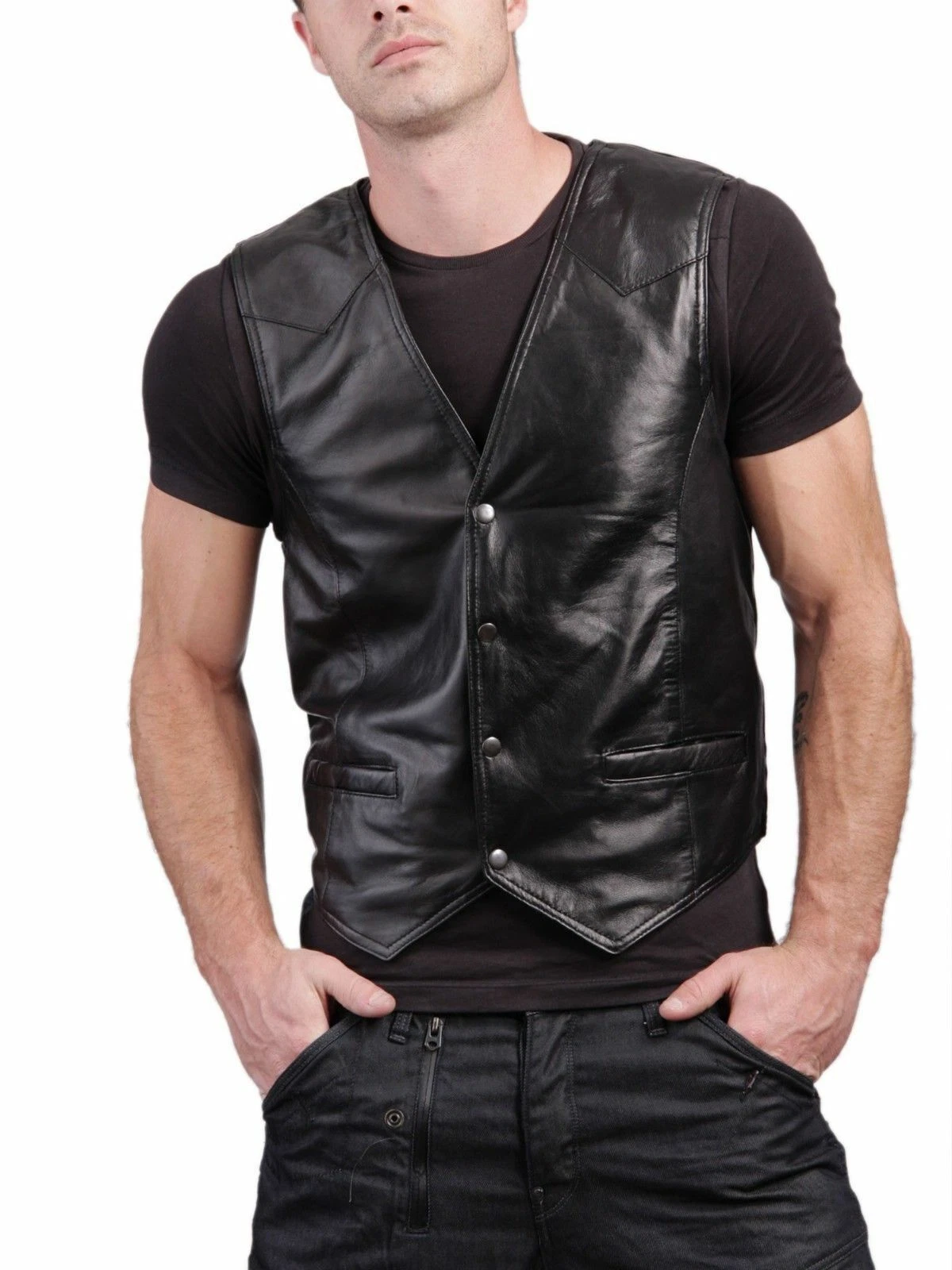 Men's Genuine Lambskin Real Leather Vest Coat Black Biker V-Neck Style Waistcoat