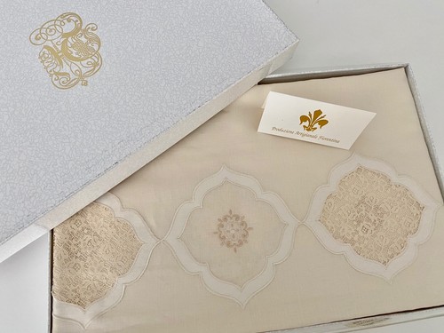 Deluxe Italian Tablecloth Dining Set 100%Linen Embroidered180x270x12people Beige - Picture 2 of 12