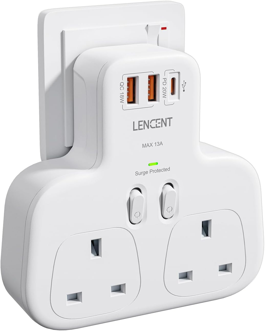 LENCENT Double Plug Adaptor with 3 USB Slots, Multi Plug Extension, 2 Way Plug A