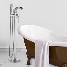 Brushed Nickel Floor Mount Freestanding Bathtub Faucet Waterfall Tub Filler Tap