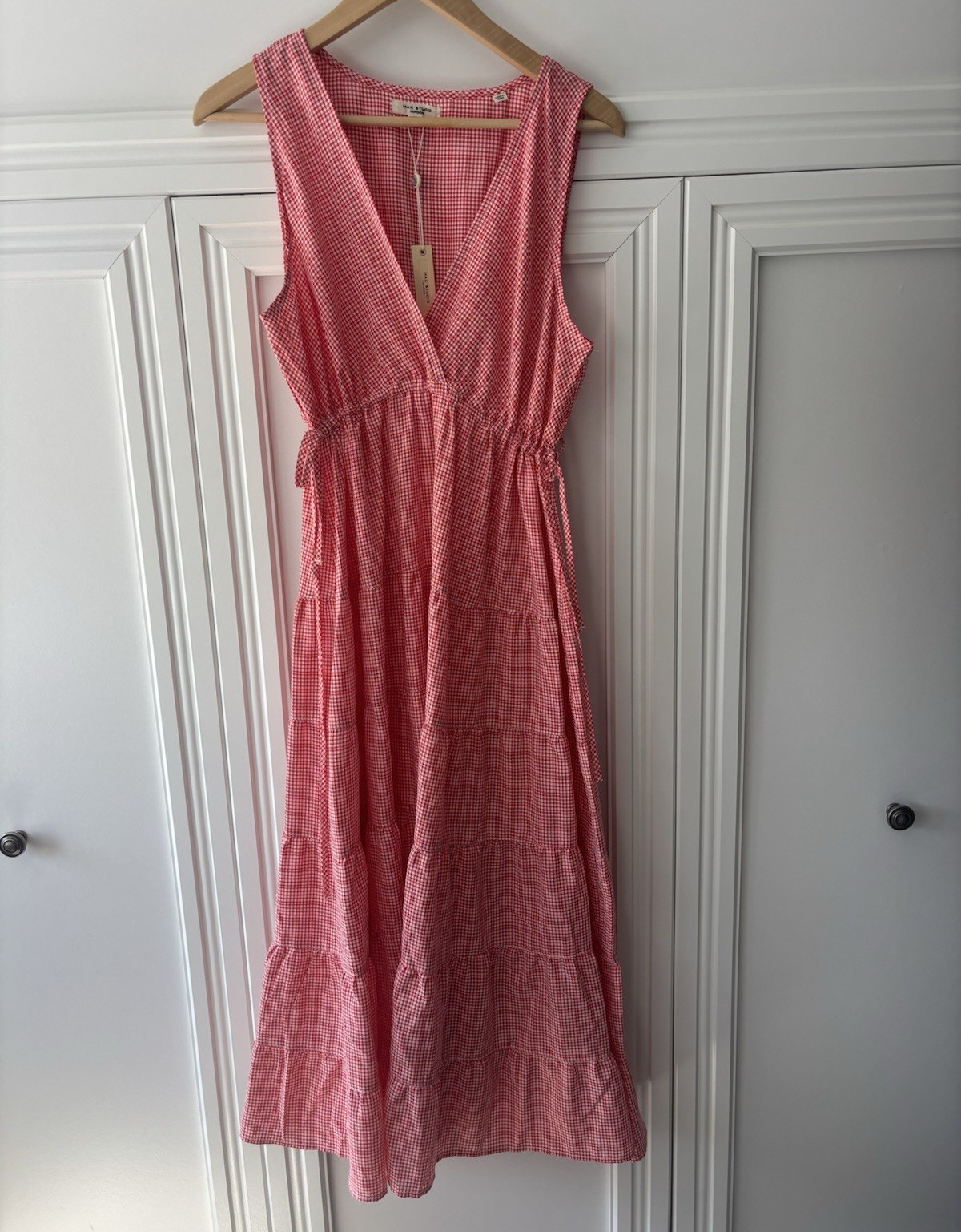 Max Studio London Women’s Red & White Gingham V-Neck Sleeveless Midi Dress XL