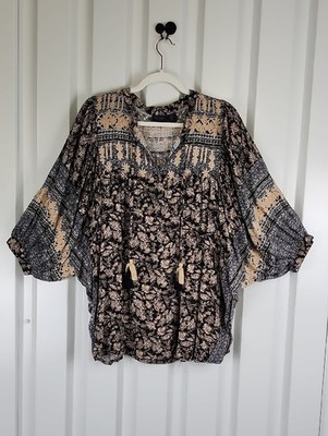 RACHEL Rachel Roy Embroidered Black & Tan Boho Floral Peasant Top Size Large