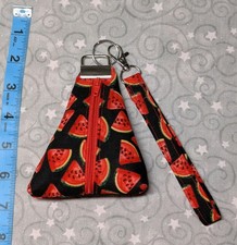 Handmade Zipper Triangle Keychain Coin Purse Wristlet Black W/ Watermelon Print
