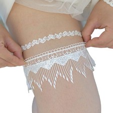 Wedding Garter with Floral Lace, Blue and White, Bridal Garters Tassel White 2