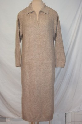 MNG Mango Wool Blend Oatmeal Soft Cozy Long Collared Split Neck Popover Dress-L