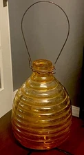 Vintage Large 10” Ribbed Amber Glass Footed Wasp / Fly Catcher W/Sm. Bubbles