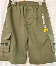 Carhartt Boys XL Cargo Green Athletic Shorts Zipper Pockets LOGO Outdoor School