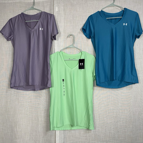Under Armour Women’s Small S Lot of 3 Velocity V Neck T Shirts Green Blue 1 NWT