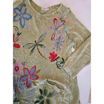Jess & Jane Women's Dragonfly Flower Print Long Sleeve Tunic Top Size Medium