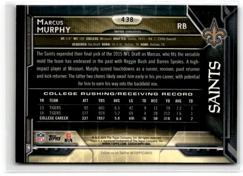 2015 Topps Marcus Murphy #438 RC New Orleans Saints - Picture 2 of 2