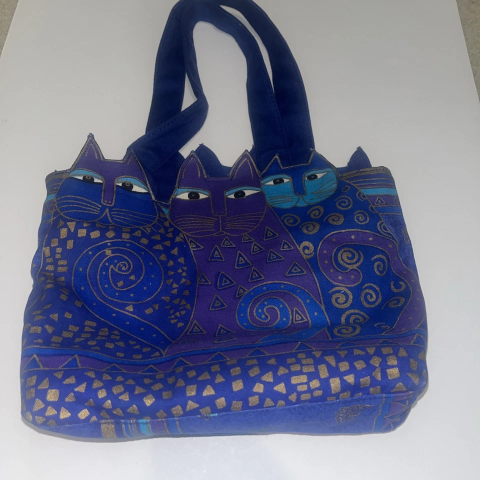 Laurel Burch Cotton Canvas Tote Bag Purse Cat Butout Indigo Blue Purple RARE - Image 4 of 4