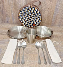 Stainless Steel Camping Mess Kit Cooking Tableware Utensils Plates Bowls