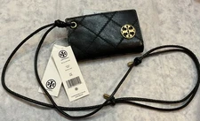 TORY BURCH Willa Lanyard Card Case in black quilted leather 151010 MSRP $148 NWT