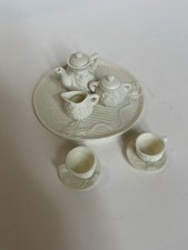 Vintage Porcelain Miniature 10 Piece Tea Set Cream Lattice Floral Pattern Beige