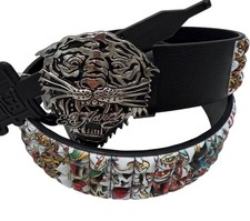 Ed Hardy Tiger Skull Three Row Pyramid Stud Belt Size 34 NWT