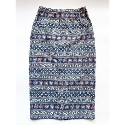 Vintage Vivaldi Jeanswear Blue Patterned Cotton Pencil Skirt Size 8