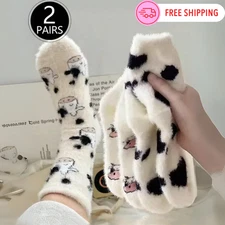 2 Pairs Cute Cow Patterned Plush Socks – Thick Warm Coral Fleece Winter Socks