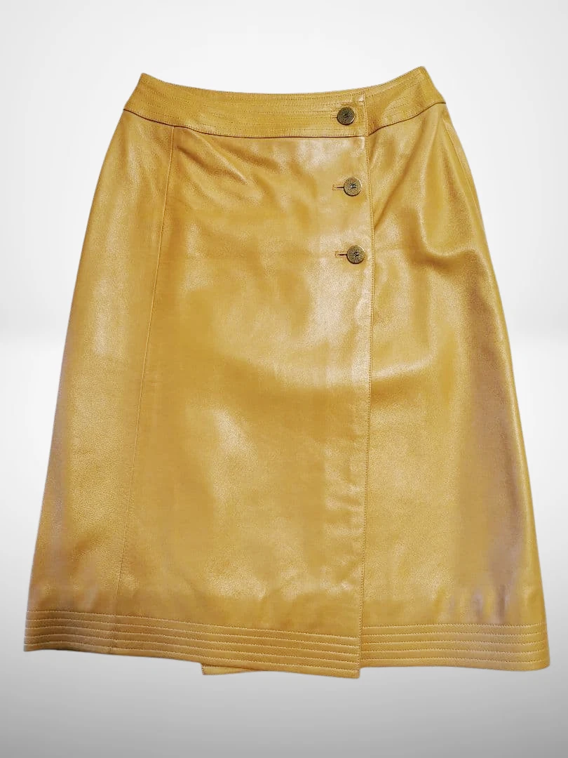 Chanel — CHANEL Leather Skirt Mustard 01A P18208V00952 Buttons Authentic Women's Size 34
