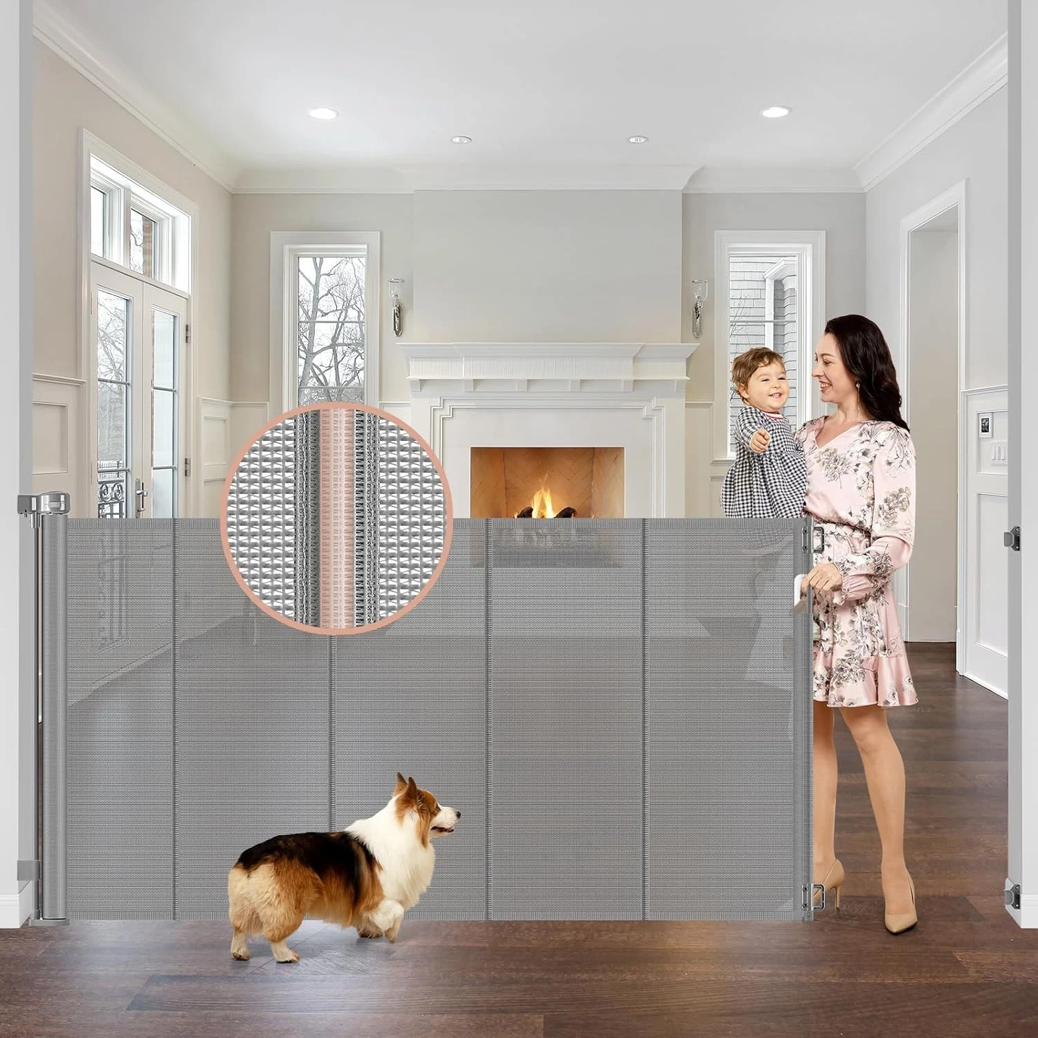 Reinforced 42" Tall X 75" Wide Retractable Baby Gate with Support Rods - Prevent
