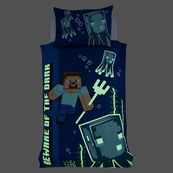 Minecraft Einzelbett Bettbezug Set Blau Wendbar Leuchteffekt Kinder-image