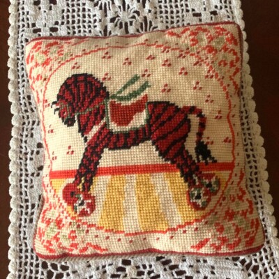 Vintage Katha Diddel Home Collection Needlepoint Rocking Horse Square Pillow Art
