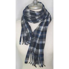 Flannel Plaid Long Scarf Fringe  68" Length Blue Black Fall Winter Warm and Soft