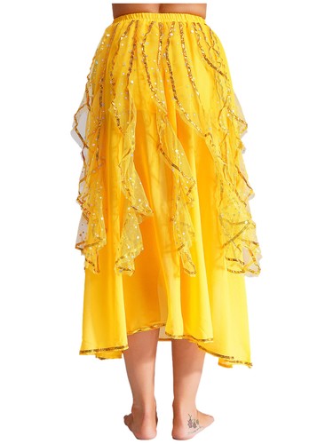 Women Girls Belly Dance Chiffon Skirt Gold Trim Sequin Long Skirt Dancewear - 第 26/84 張圖片
