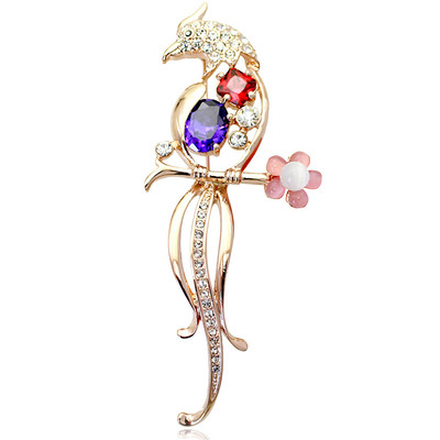  18K ROSE GOLD PLATED GENUINE PURPLE RUBY RED CZ & AUSTRIAN CRYSTAL BIRD BROOCH 