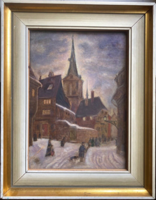 ::ÖLGEMÄLDE SIGN. B.ARNTZ VERSCHNEITE DORFANSICHT MIT MENSCHEN UND KIRCHE