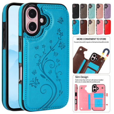 For iPhone 16 15 Pro Max 14 13 12 11 XS Leather Magnetic Wallet Flip Case Cover