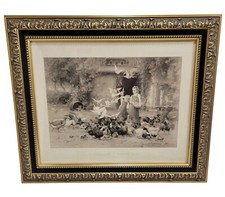 Vtg Hand Carved Picture Frame Gold Guild Print 1879 Le Poulailler / Poultry Yard