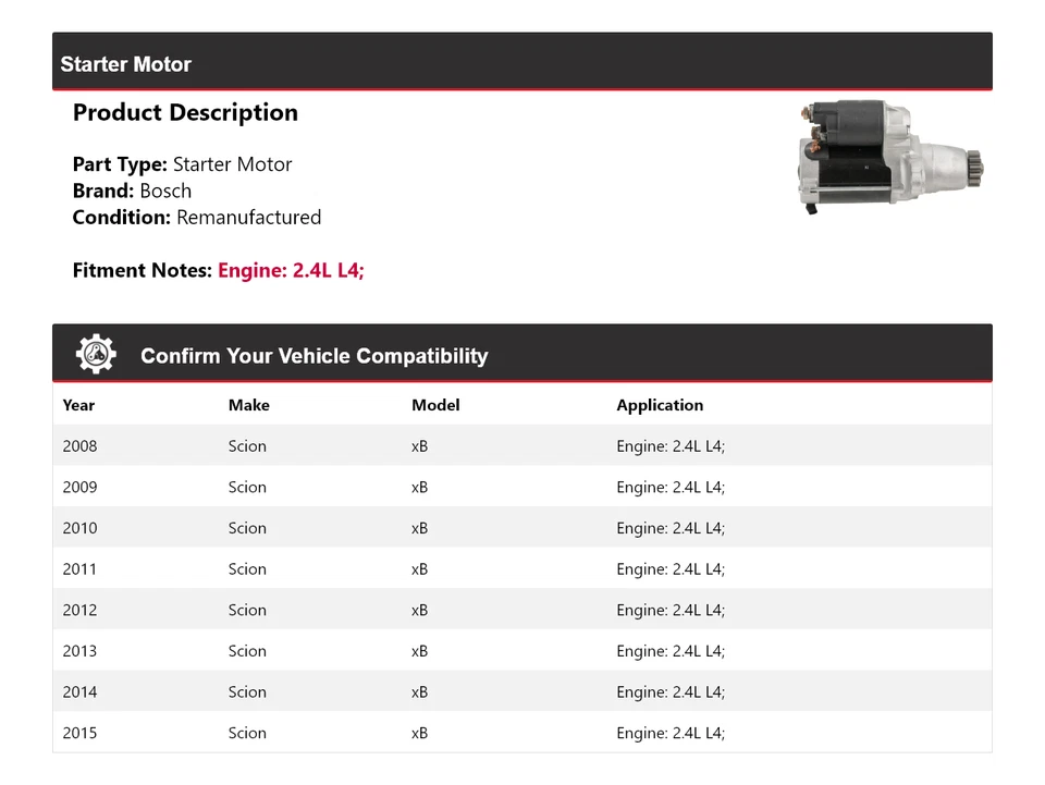 Arrancador Bosch Scion xB 2008-2015 2,4 L L4 (remanufacturado) 2009 2010 2011 Foto 2 de 4